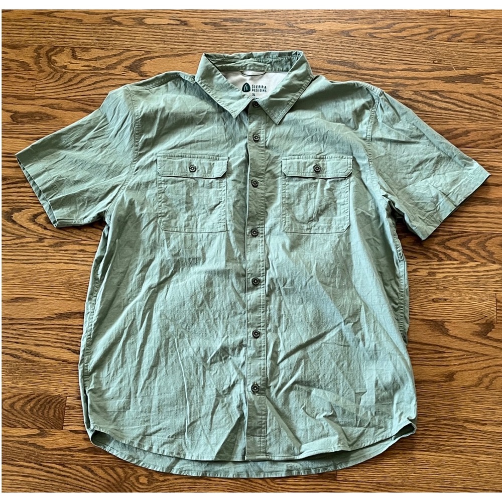 Sierra Designs Mens XL Sage Green Ripstop Short Sleeve Button Up Hiking Shirt